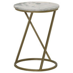 A seamless blend of classic elegance and modern design, this round accent table features a solid white marble top, bringing a timeless and sophisticated touch to any space. The sculptural metal base, finished in a warm antique gold, showcases a graceful g
