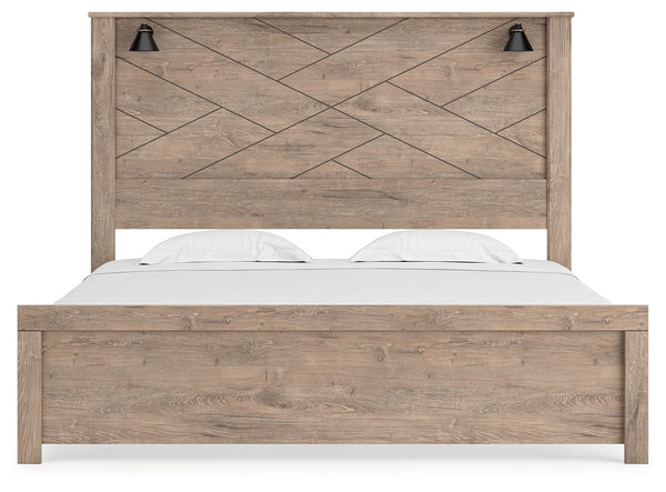 Senniberg - Light Brown / White - King Panel Bed with Sconce Lights