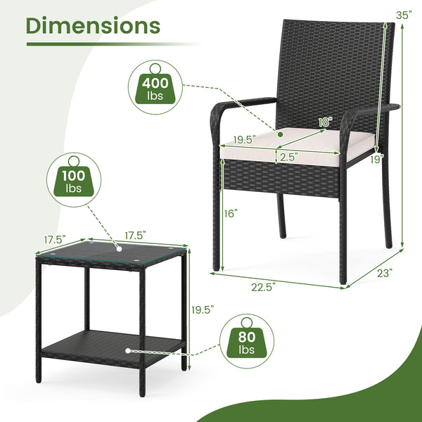Crafted from appealing and long-lasting PE rattan<br>Comfortable to sit with ergonomic backrest and armrests<br>Soft seat cushions bring more coziness<br>Zippered cushion covers for simple maintenance<br>Side table with 2-tier design for more storage spac