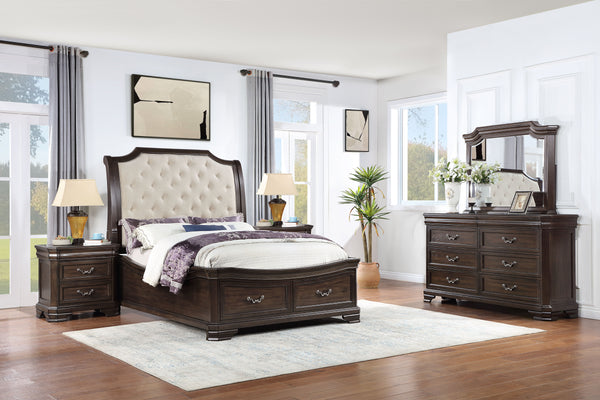 Discover the Lyndhurst 6 Piece Bedroom Set, a testament to enduring craftsmanship and timeless style. This set includes a stunning bed, 6-drawer dresser, mirror, 2 nightstands, and 5-drawer chest, all in rich walnut brown. Crafted from solid Acacia, Acaci
