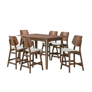 The Oscar Mid-Century Modern Wood 7 Piece Counter Height Dining Set offers a sophisticated blend of style and functionality for your dining area. This set includes a 60-inch counter height table and six counter chairs, all crafted from solid Rubberwood an