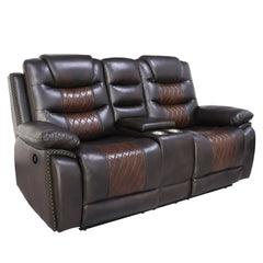 Experience the ultimate in comfort and convenience with the Nikko Dual Recliner Storage Console Loveseat with Power Footrests and Hidden Cupholders in brown. This loveseat features long-lasting construction with frames crafted from hardwoods and plywood, 