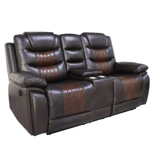 Experience the ultimate in comfort and convenience with the Nikko Dual Recliner Storage Console Loveseat with Power Footrests and Hidden Cupholders in brown. This loveseat features long-lasting construction with frames crafted from hardwoods and plywood, 