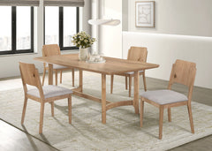 Elevate your dining space with this stylish and modern dining set, designed to blend seamlessly with contemporary and minimalist interiors. Crafted with a warm wood finish, this collection exudes natural charm while offering durability and stability. The 