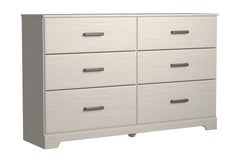 With its clean-lined look and modern attitude, this dresser is a fresh style awakening. A crisp, white hue over subtle replicated wood grain easily complements other furniture finishes. Smooth drawer fronts with antiqued pewter-tone handles complete the a