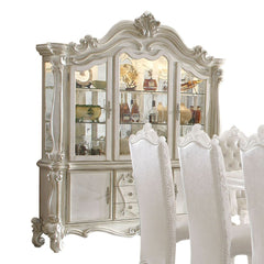 Hutch & Buffet Arched Hutch: Touch Light & 2 Glass Doors (2 Glass Shelves & Back Mirror Inside) Buffet 3 Drw & 2 Wooden Doors Oversized Scrolled Trim, Leaf Crown Motif, and Post-Leg (Poly Resin with Antique Contrast Finish) Drawer: GLIDE Side Metal (Ball 