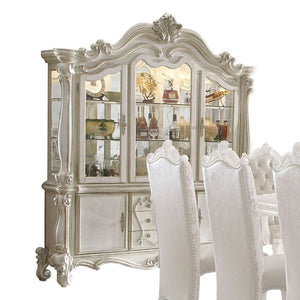 Hutch & Buffet Arched Hutch: Touch Light & 2 Glass Doors (2 Glass Shelves & Back Mirror Inside) Buffet 3 Drw & 2 Wooden Doors Oversized Scrolled Trim, Leaf Crown Motif, and Post-Leg (Poly Resin with Antique Contrast Finish) Drawer: GLIDE Side Metal (Ball 