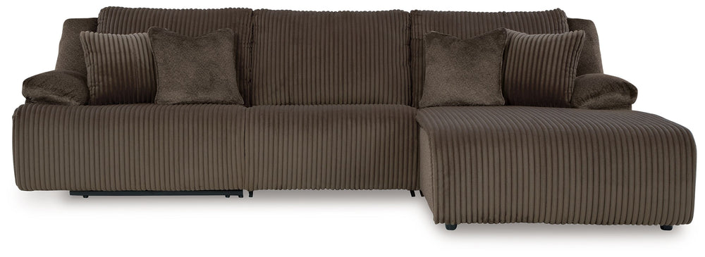 Experience unparalleled comfort with this reclining sectional with chaise. Itâ€™s a stylish and invitingly soft lookâ€”made all the more appealing by cozy corduroy cushions that feel great and add a touch of texture. The rich chocolate brown upholstery ef