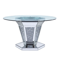 Cultivate a contemporary aesthetic in your entertainment ensemble with this distinctive Noralie dining table. Offering a modern twist on a classic pedestal-style silhouette, this design showcases an angular base with mirror and faux diamond inlay and uniq