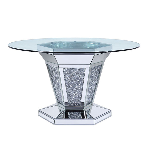 Cultivate a contemporary aesthetic in your entertainment ensemble with this distinctive Noralie dining table. Offering a modern twist on a classic pedestal-style silhouette, this design showcases an angular base with mirror and faux diamond inlay and uniq
