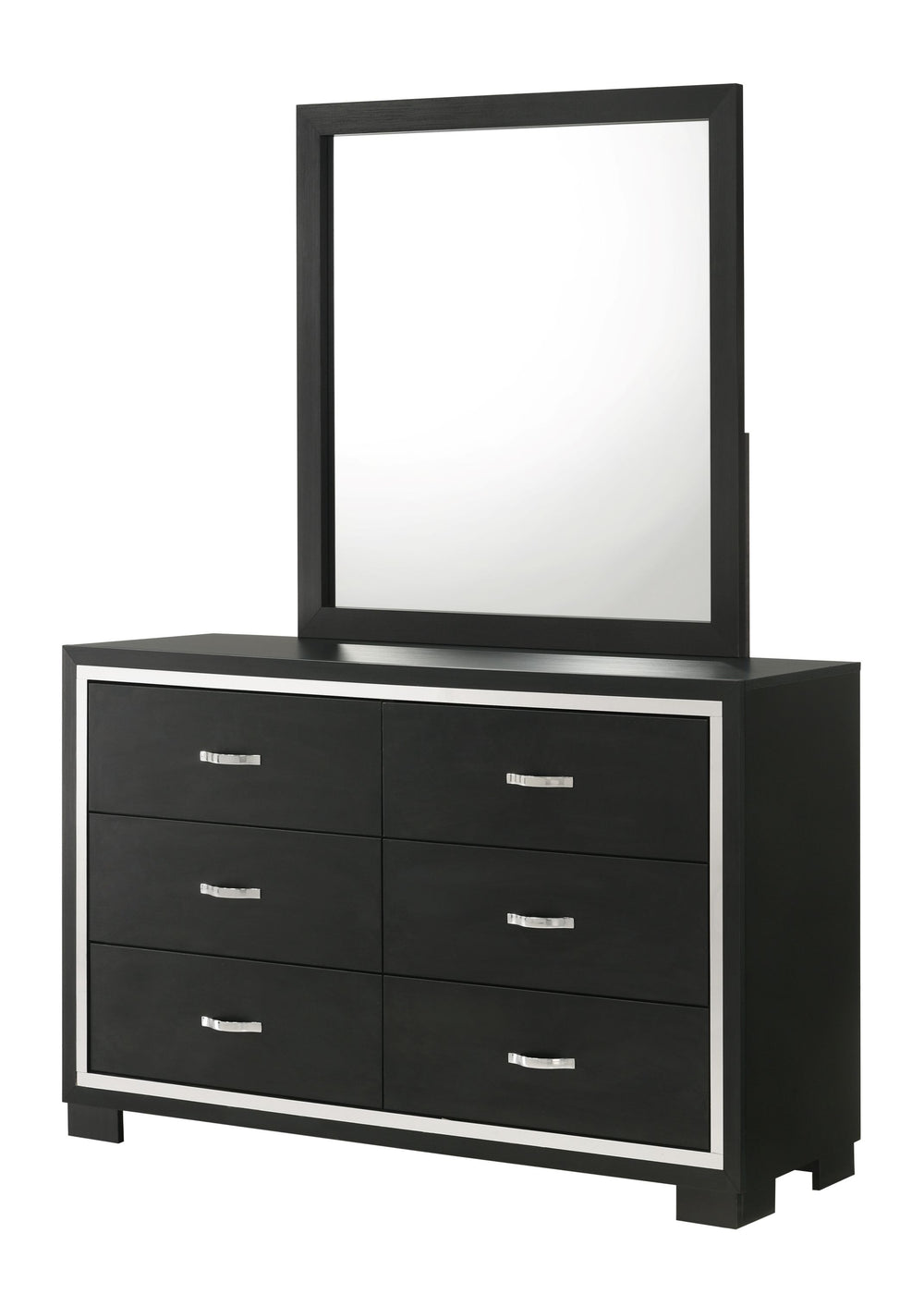 This bedroom collection strikes a balance between bold and classic styles. It features a striking bed with a high, textured headboard that commands attention. The accompanying case goods, including a dresser with a mirror, chest, and nightstand, are all f