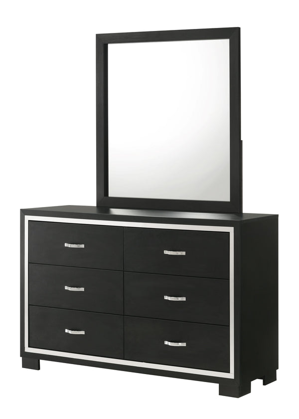 This bedroom collection strikes a balance between bold and classic styles. It features a striking bed with a high, textured headboard that commands attention. The accompanying case goods, including a dresser with a mirror, chest, and nightstand, are all f