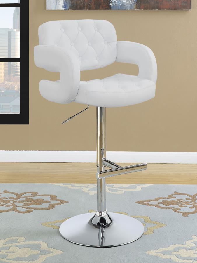 A rec room or home bar never had such chic bar seating. Chrome finish leg and base with shimmering white upholstery. Cushioned seat adjusts to maximize your presence, with chrome footrest to help maintain your perspective. Padded armrest allows you to lea
