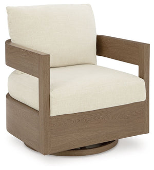 Elevate the appeal of easy-breezy living with this outdoor swivel glider chair. Made to look like wood yet durable enough to weather the elements, it-'s sure to serve you and your besties well, year after year. The gently curved chair features cushions wr