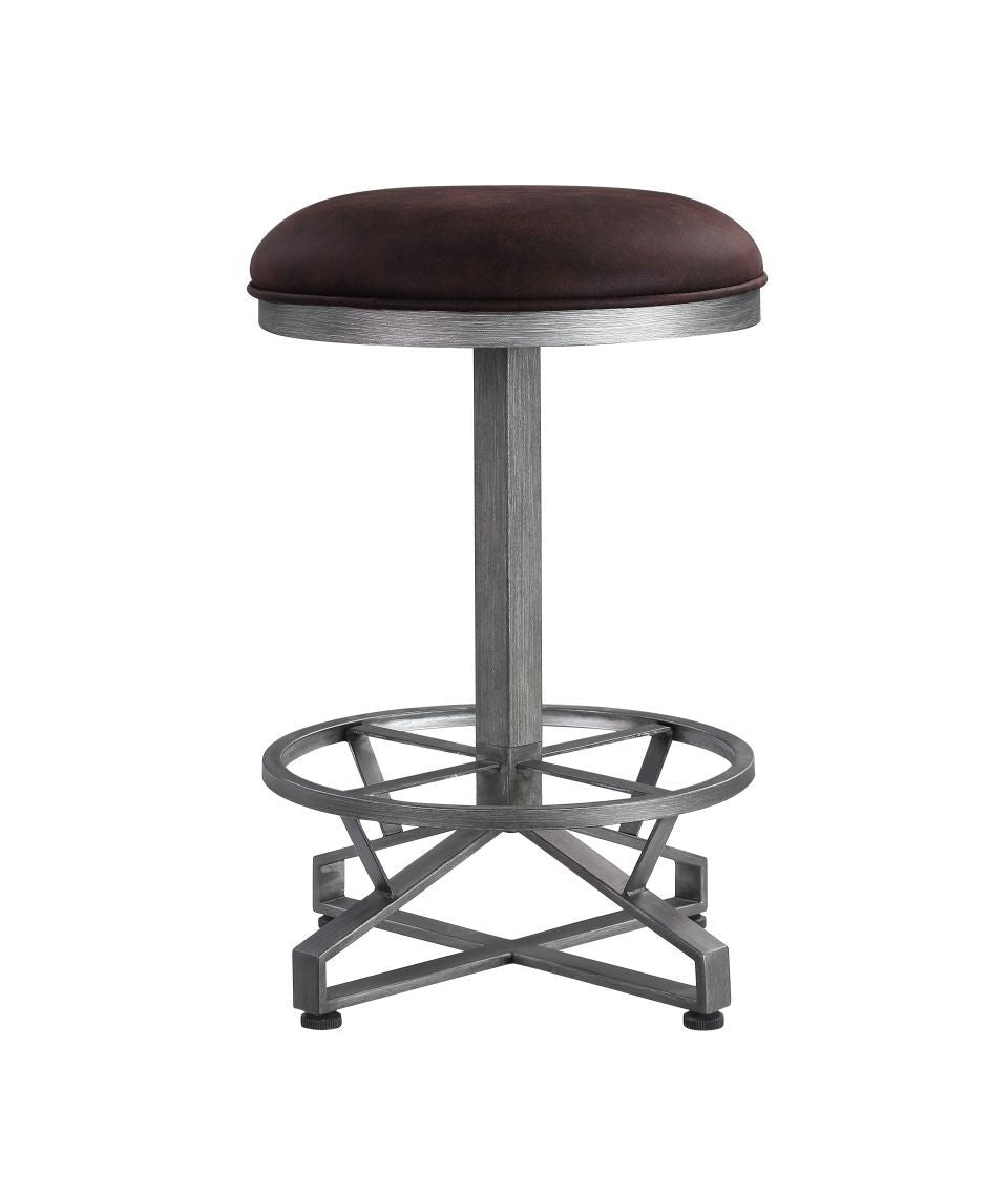 Seating is essential to your dining room dÃ©cor. This versatile stool will bring in industrial home bar design into your space. It offers a round seat cushion with rustic brown upholstery for a great texture and feel. Metal cross base with footrest gives 