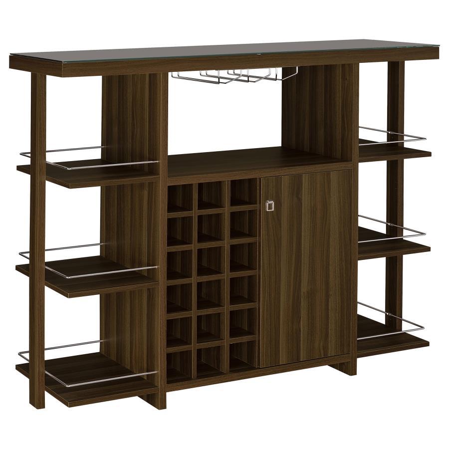 Complete a modern minimalist motif with the sleek lines from this walnut bar unit. Display your favorite glass stemware on the wine glass holders or on the six side shelves. In a warm hue, the open silhouette looks elegant with a shiny metallic guardrail 