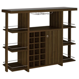 Complete a modern minimalist motif with the sleek lines from this walnut bar unit. Display your favorite glass stemware on the wine glass holders or on the six side shelves. In a warm hue, the open silhouette looks elegant with a shiny metallic guardrail 