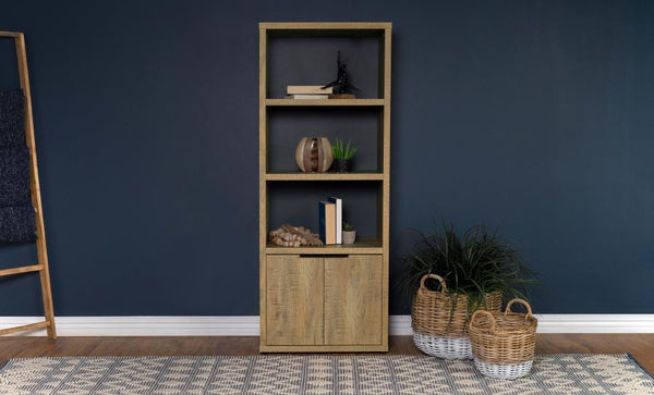  a charming media tower bookcase adds both open display space and hidden storage in your inviting living room. Featuring a melamine paper finish that resembles mango wood