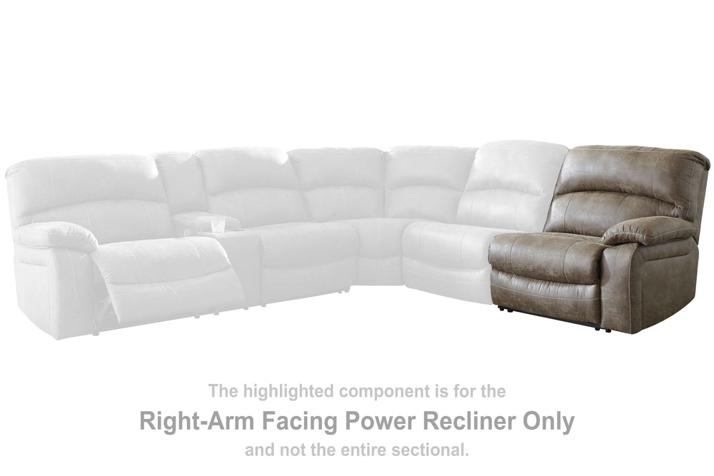 This left-arm facing power recliner is made with faux leather. Pairs with other items in the series to make a sectional.<br><br><b>Additional Dimensions</b><br><ul><li>Arm height: 26-"</li><li>Distance between recliner and wall: 3-"</li><li>Footrest heigh