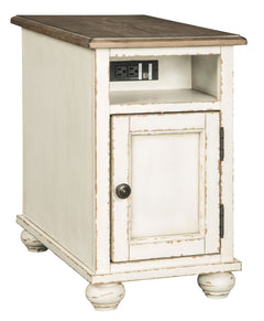 This chairside end table is traditional cottage styling made for modern living. Antiqued two-tone finish blends a chipped white with a distressed wood finished top for a double serving of charm. Cleverly placed AC power outlets and USB charging ports are 