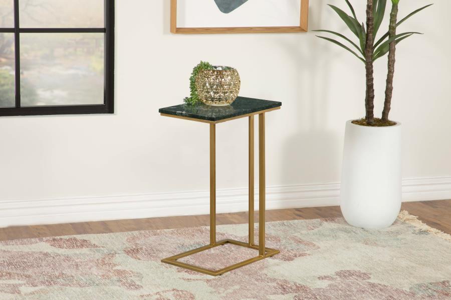 Keep a drink or snack close by as you watch a favorite TV series. This contemporary accent table offers a spacious surface area for mugs, tablets and more with its classically designed marble top. The smooth and polished marble top rests on an iron cantil