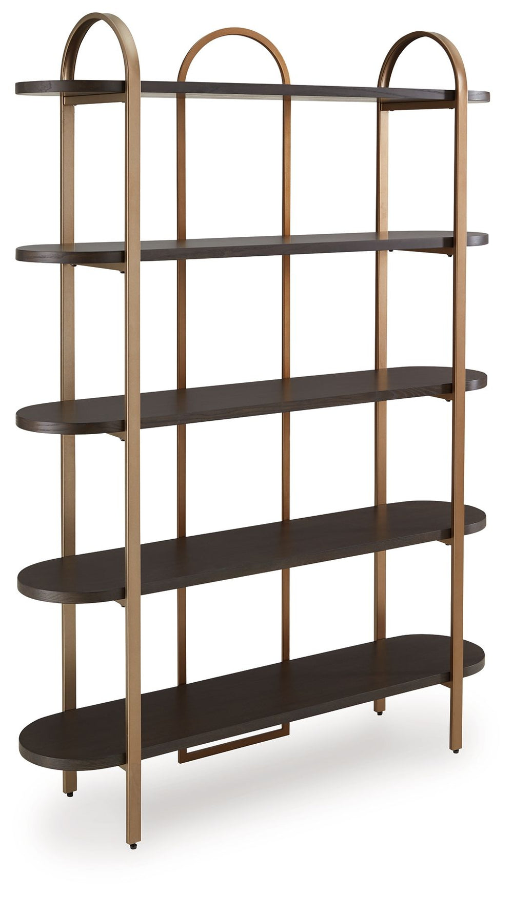 With its mixed-material look, this bookcase seamlessly fits into a wide range of modern settings. Five fixed display shelves in a dark brown finish are balanced by sleek antiqued goldtone metal supports. Offering storage and superior style for books or sh