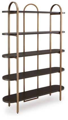 With its mixed-material look, this bookcase seamlessly fits into a wide range of modern settings. Five fixed display shelves in a dark brown finish are balanced by sleek antiqued goldtone metal supports. Offering storage and superior style for books or sh