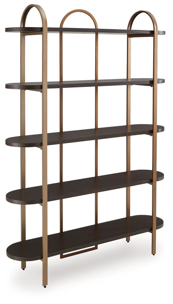 With its mixed-material look, this bookcase seamlessly fits into a wide range of modern settings. Five fixed display shelves in a dark brown finish are balanced by sleek antiqued goldtone metal supports. Offering storage and superior style for books or sh