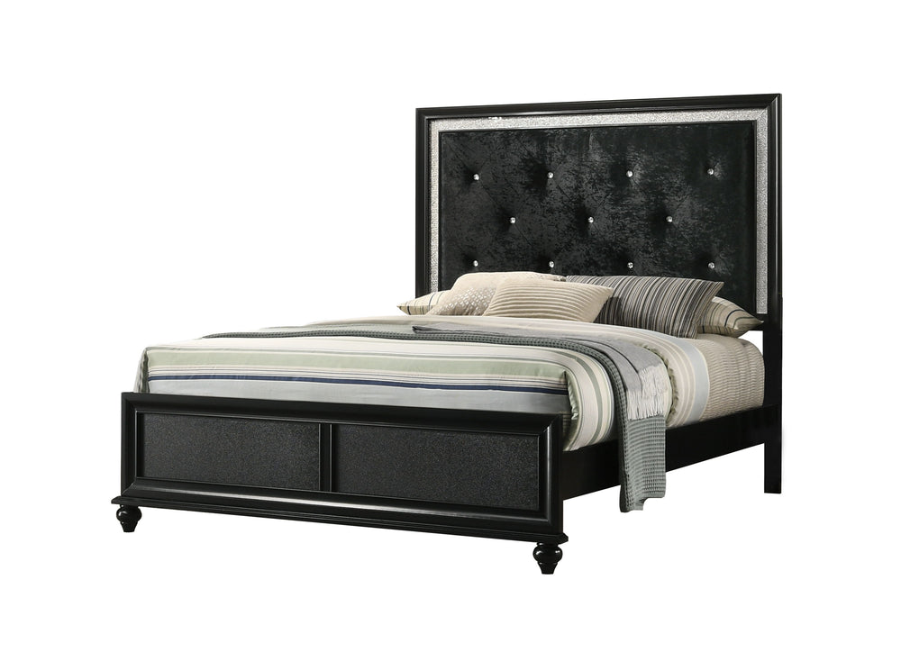 Unveil the epitome of elegance with this captivating bedroom ensemble, meticulously designed for those who covet glamor and grace in their private quarters. The bed, with its lustrous, tufted headboard, radiates luxury, while the shimmering accents frame 