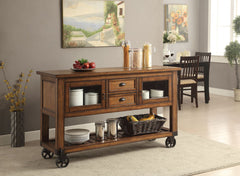 The Kadri kitchen cart with durable construction of wood and metal in a unique distress chestnut finish will become a stylish and function centerpiece of your home. The kitchen cart rests on casters, allowing you to move it easily. The storage space inclu
