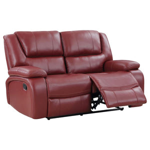  enjoying a smooth red leatherette upholstered loveseat with plump cushioning in structured backs a