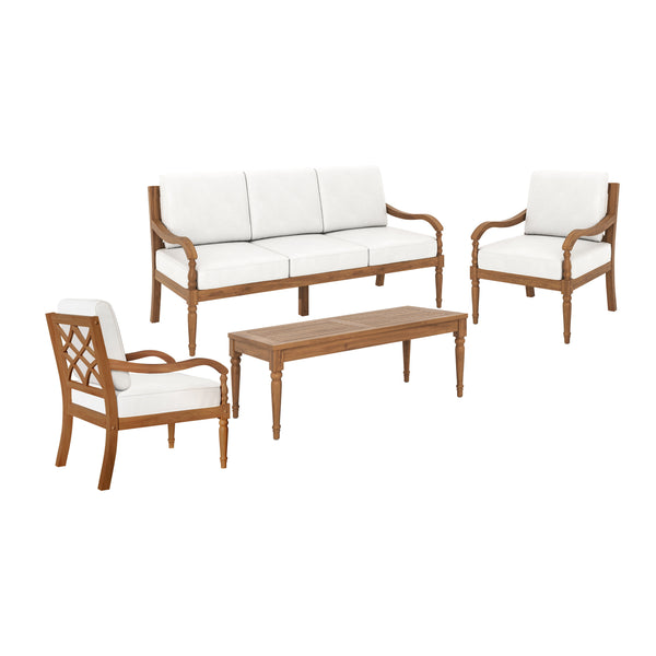 Introducing the Savannah 4 Piece Outdoor Conversation Set in White Linen, the epitome of timeless elegance for your outdoor space. Crafted from FSC Certified Acacia Solid Wood, this set ensures both durability and eco-friendliness, promising lasting enjoy