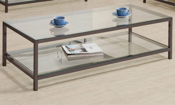  this coffee table pairs a black nickel electroplated frame with clear tempered glass surfaces. Its spacious tabletop and matching lower shelf provide ample room for storage or display
