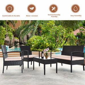 Including 1 loveseat  2 single sofas  and 1 table for a versatile use <br>High-quality steel frame with all-weather PE rattan wicker <br>Durable and sturdy for long-term service time <br>Large weight capacity up to 710 lbs (loveseat) <br>Anti-slippery pla
