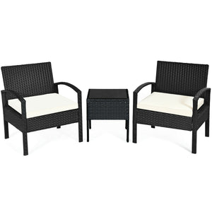 This rattan patio conversation set which will provide you a comfortable experience in your leisure time. Â  This set of outdoor furniture is made of high-quality rattan and strong steel  which is durable and has a long service life. The thick soft cushion