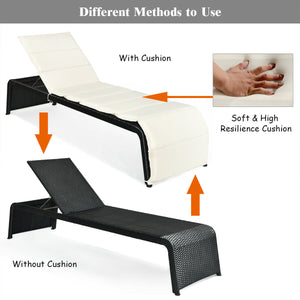 Tightly hand-woven rattan can withstand the moderate change in weather <br>The heavy-duty steel frame ensures the sturdiness of the chaise lounge <br>Adjustable backboard with five different positions <br>Soft and thick cushion for comfortable seating <br