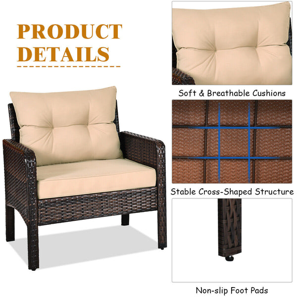 Made of high-quality PE rattan with strong toughness  it is not easy to break<br>Sturdy metal frame structure with superior load-bearing performance<br>A soft sponge filled cushions  comfortable and breathable<br>The thick tempered glass tabletop is sturd