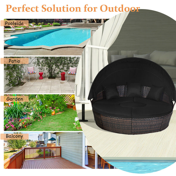 Includes: 1 x Rattan round daybed  4 x Sector cushion  3 x Pillow  1 x User guide<br>Will be delivered in 4 packages so the arriving time may vary<br>Durable and sturdy steel frame to keep stable<br>Lightweight and premium PE rattan material for long life