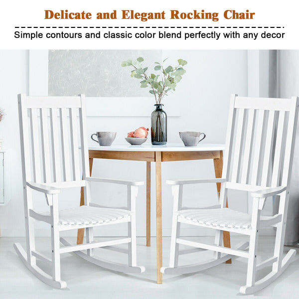 This rocking chair is constructed of premium acacia wood  which is corrosion-resistant and durable to support your long-term use. Â  Designed with contoured slatted seat  high back and widened armrest  the chair will give you comfortable sitting feeling t