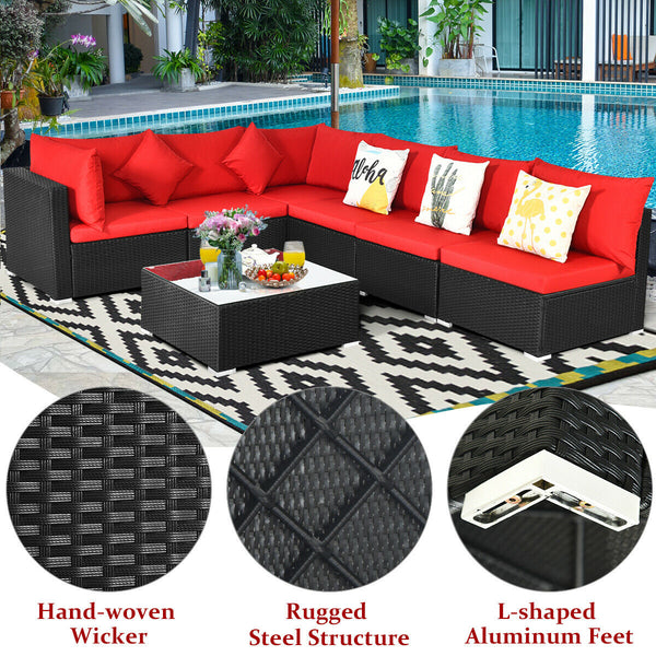 Free combination of sectional sofa as per your needs<br>Solid structure with L shape aluminum feet<br>Exquisite PE wicker frame adds unique charm<br>Comfortable sofa set with thick cushions and soft pillows<br>The cover of seat cushion is removable and wa