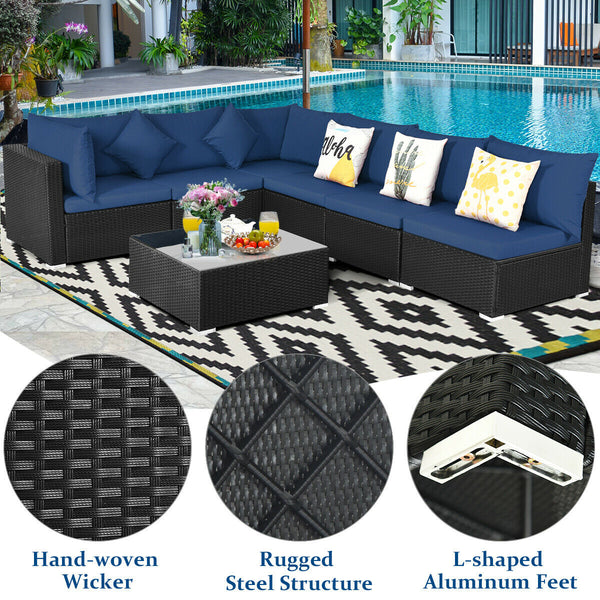 Free combination of sectional sofa as per your needs<br>Solid structure with L shape aluminum feet<br>Exquisite PE wicker frame adds unique charm<br>Comfortable sofa set with thick cushions and soft pillows<br>The cover of seat cushion is removable and wa