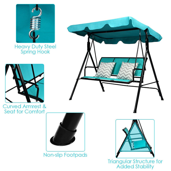 Able to comfortably sit and swing 3 people independently <br>Made of a high quality  weather-resistant steel frame with wide  sturdybase <br>Adjustable canopy design for optimal shade coverage and rain protection <br>Comfortable angle and well-ventilated 
