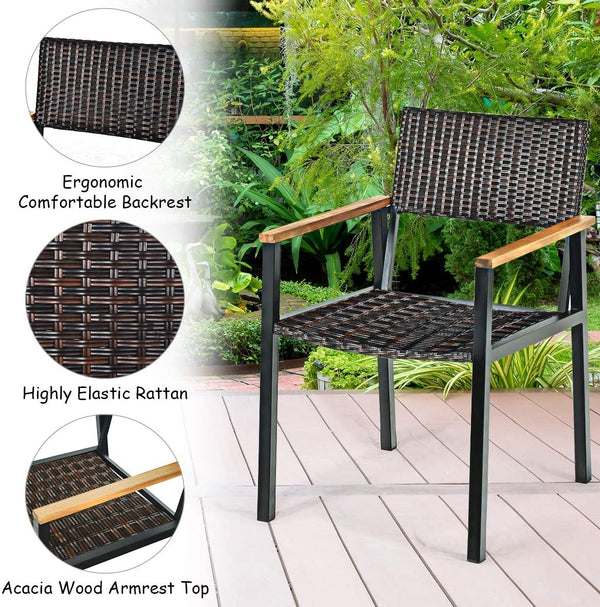 Table made of premium acacia wood and steel frame  sturdy and durable <br>Unique leg structure offers powerful support and stability <br>Weather-resistant and waterproof rattan chairs  easy to clean <br>Wide armrest of acacia wood top for extra comfort <b