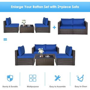 Power coated and solid steel frame adds sturdiness and durability<br>Tight and hand-woven rattan to withstand change of weather<br>2 of the corner sofas can be used separately<br>Aluminum foot pads protect bottom rattan from scratching<br>Wide armrest for
