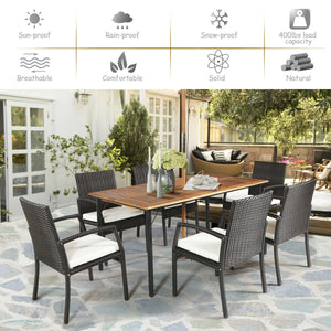 PE wicker and powder-coated steel frame ensure weather resistance<br>High-quality acacia wood enhances the sturdiness<br>Plastic foot pads protect the floor from scratches<br>Spacious table and 6 seats can fully meet the needs<br>Ergonomic armchair with b