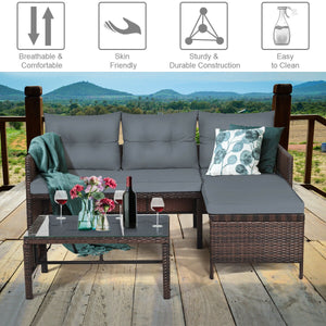 Outdoor sectional sofa  available for 3-4 friends comfortably with a glass table to hold food and drinks <br>Premium transparent tempered glass top  securely placed on the sturdy wicker table  more convenient to clean <br>L-shape design fits any corner of