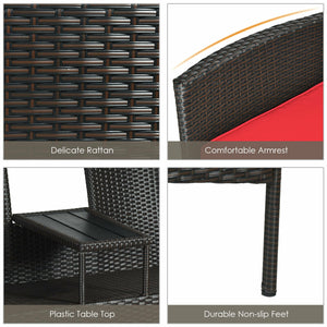 Made of high quality rattan with strong built-in frame structure<br>Poly table top is durable and safe to use<br>Trapezoid coffee table between two seats is practical<br>Cozy thick cushions double your comfy<br>The cushion cover with zipper is removable a