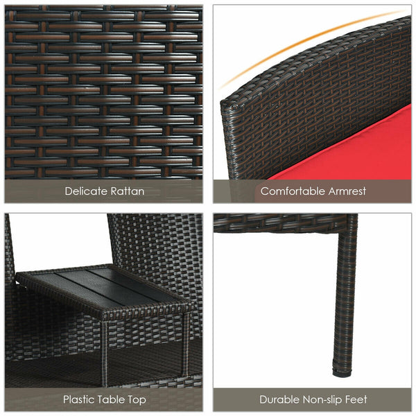 Made of high quality rattan with strong built-in frame structure<br>Poly table top is durable and safe to use<br>Trapezoid coffee table between two seats is practical<br>Cozy thick cushions double your comfy<br>The cushion cover with zipper is removable a