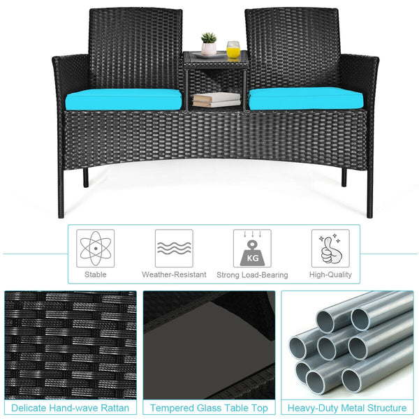 Rugged steel frame is durable and sturdy<br>High-quality rattan is weather-resistant and fade-resistant<br>Tempered glass table top is fixed by powerful suckers<br>Soft seat cushions is filled with high-density sponge<br>The zippered cover is removable an