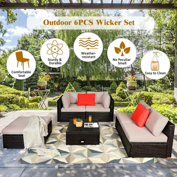 Package includes 2 Corner sofas 2 Armless sofas 1 Ottoman 1 Tempered glass table 5 Seat cushions 6 Back cushions and 1 User guide<br>Sturdy and solid steel frame ensures the sturdiness of the set<br>Tight and hand-woven rattan wraps the steel frame<br>Thi